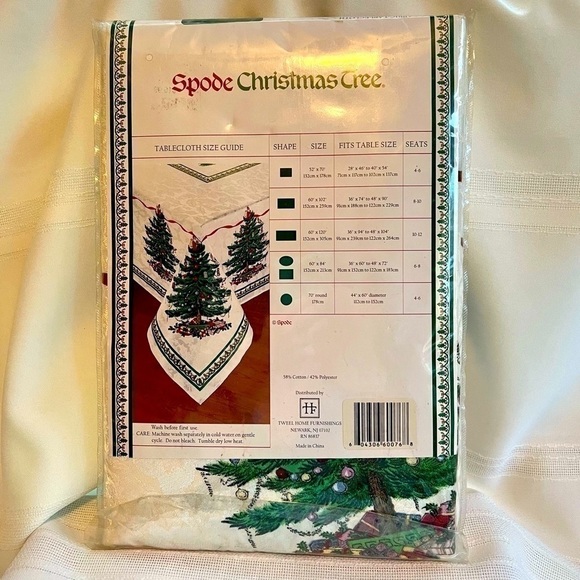 Spode Christmas Tree Tablecloth 70" Round WHT Damask RED Ribbon Tweel NEW Unused - Picture 3 of 6